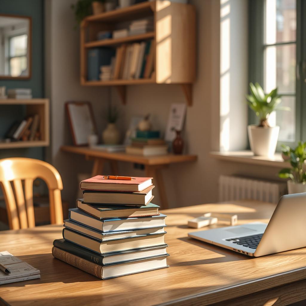 Books on a desk for scoping school